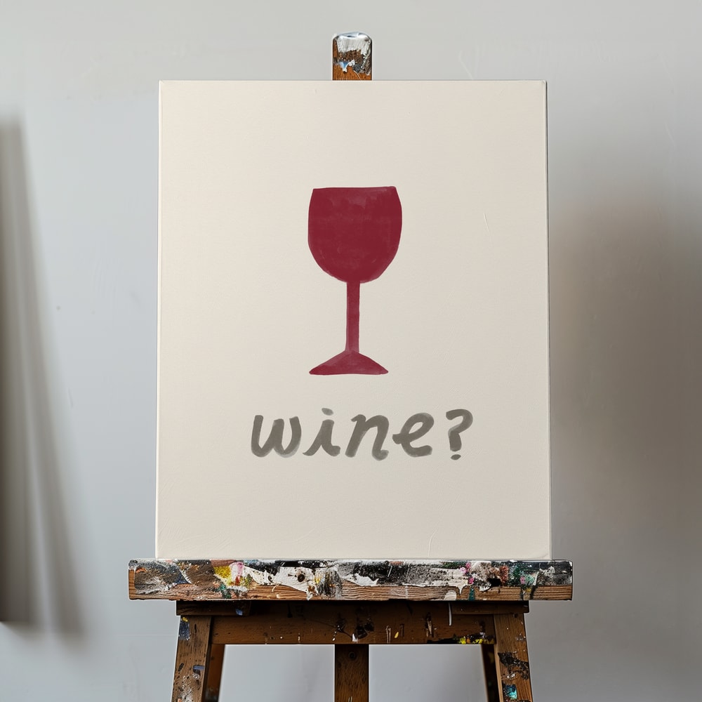 Gemaltes rotes Weinglas mit Schriftzug wine auf hellem Hintergrund