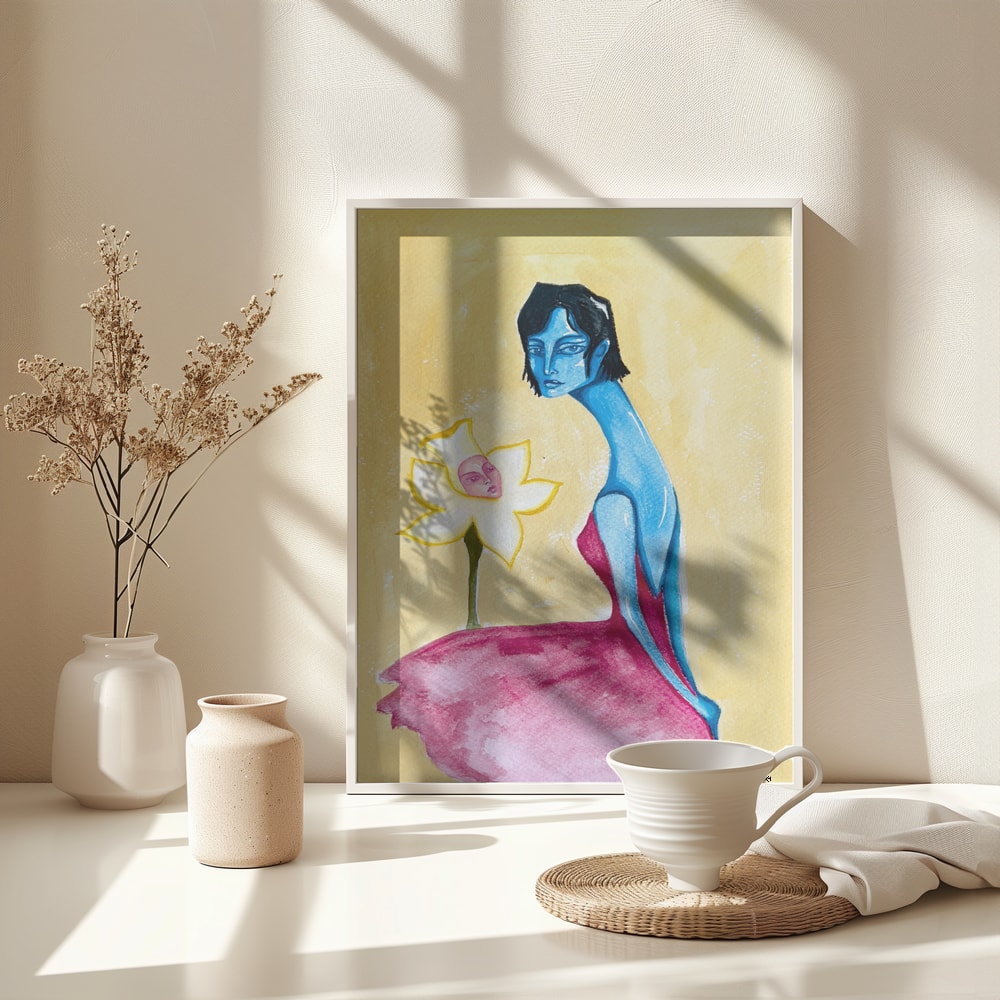 Surreales Gemälde einer blauen Frau im pinken Kleid neben einer Narzisse mit Gesicht
