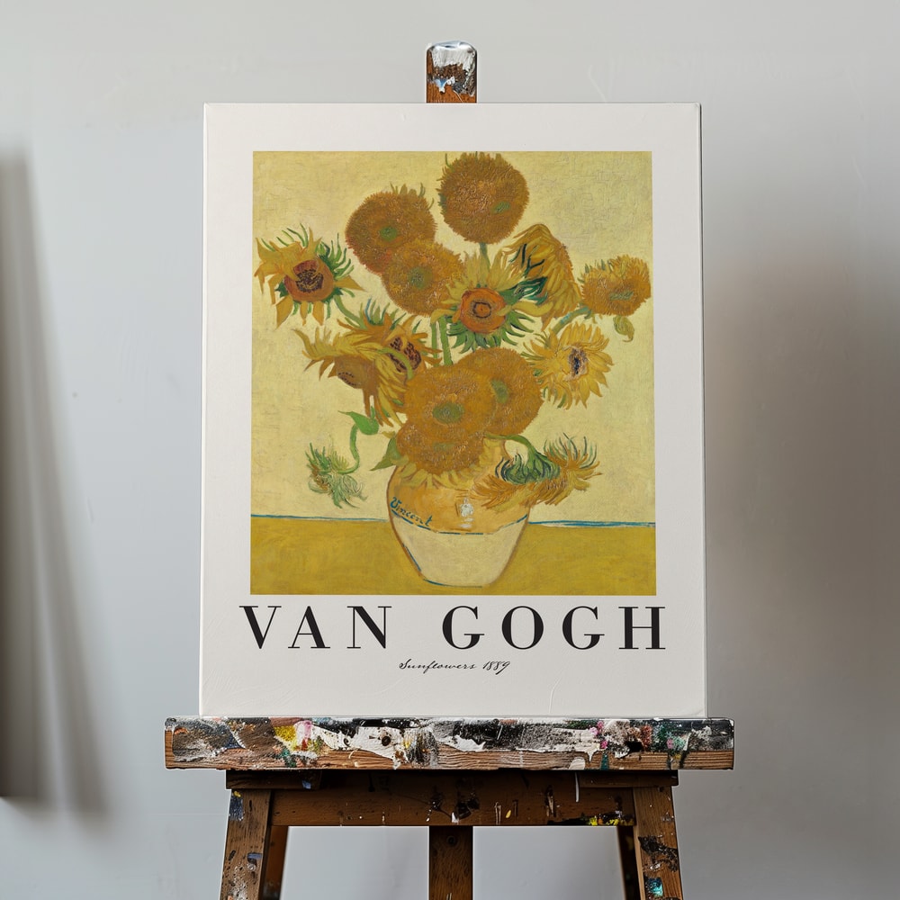 Ausstellungsplakat Vincent van Gogh mit dem Gemälde Sonnenblumen, Schriftzug unten