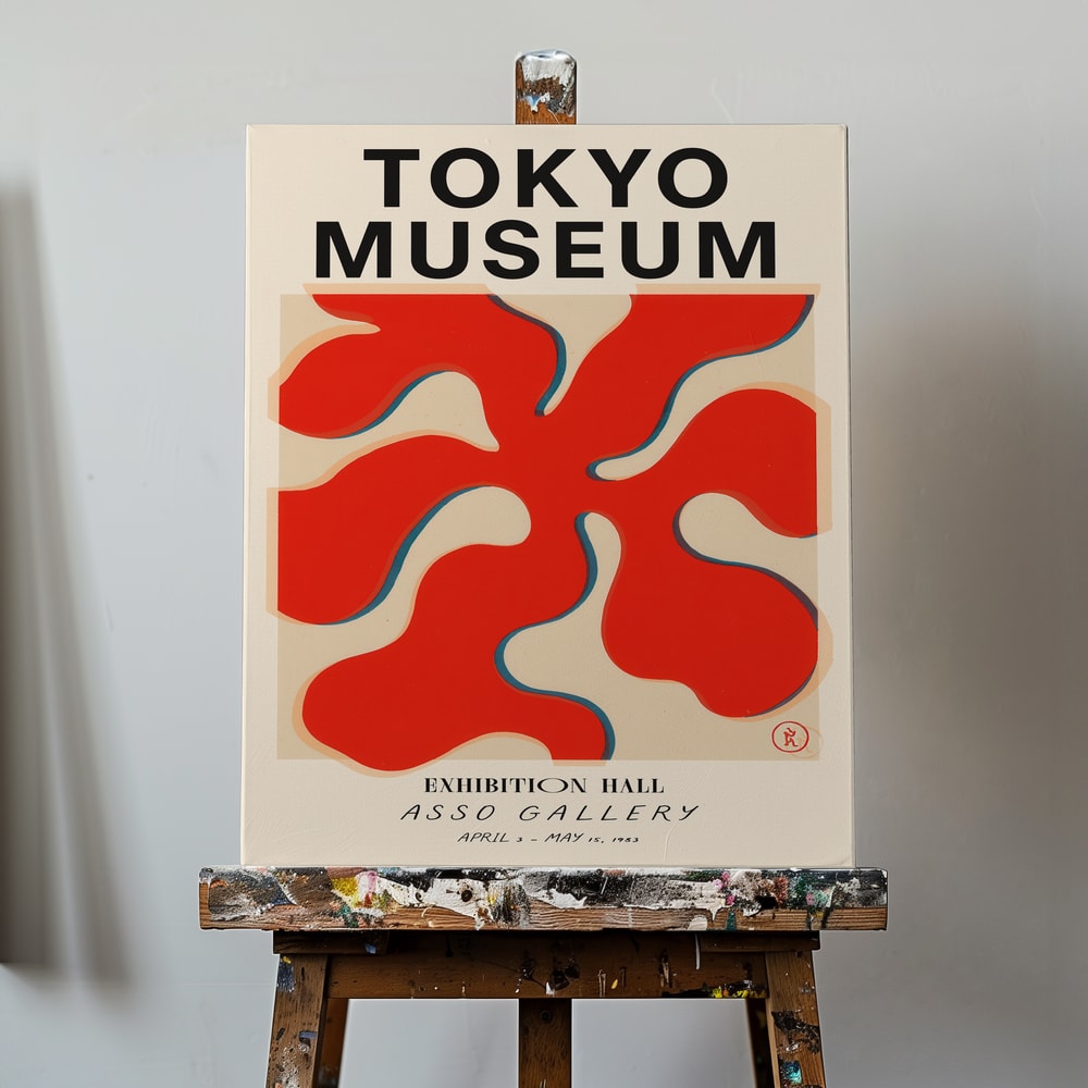 Ausstellungsplakat mit Schriftzug Tokyo Museum und roter Scherenschnitt-Form auf Creme