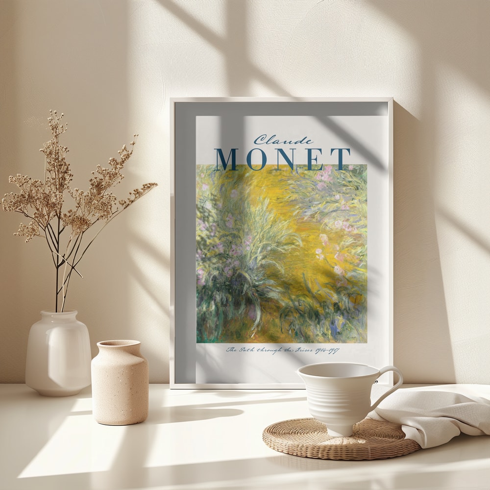 Ausstellungsplakat Claude Monet mit dem Gemälde Der Weg durch die Iris, blauer Schriftzug