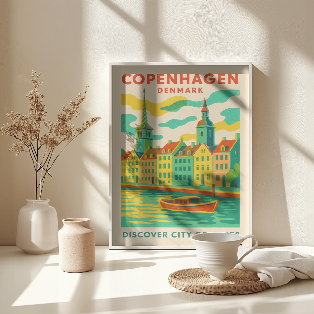 Reiseplakat Kopenhagen mit bunten Häusern, Kirchtürmen und Boot auf dem Kanal