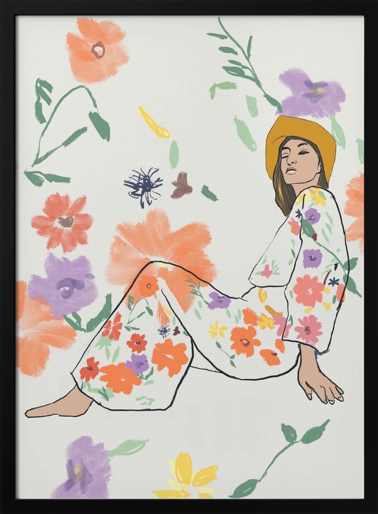Illustration einer sitzenden Frau mit gelbem Hut im Blumenkleid zwischen bunten Blüten