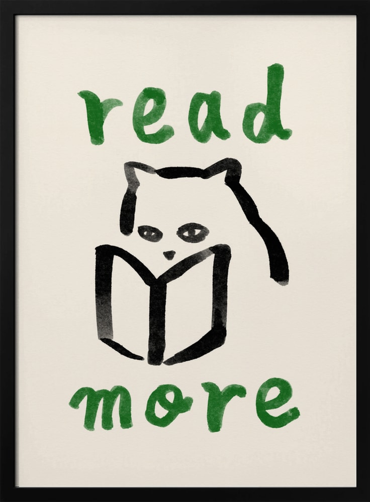 Pinselzeichnung einer Katze hinter einem Buch mit grünem Schriftzug read more