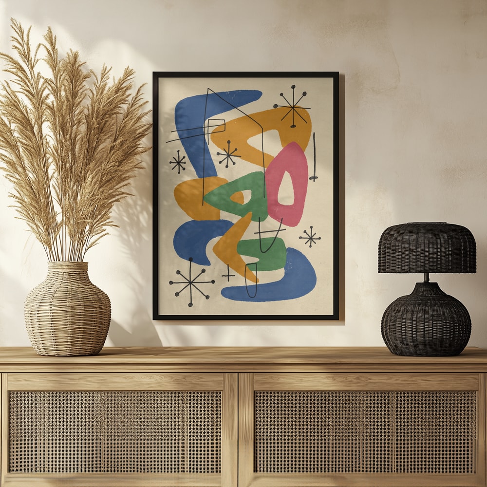 Abstrakte Bumerangformen in Blau, Orange, Grün und Pink mit Sternen im Midcentury-Stil