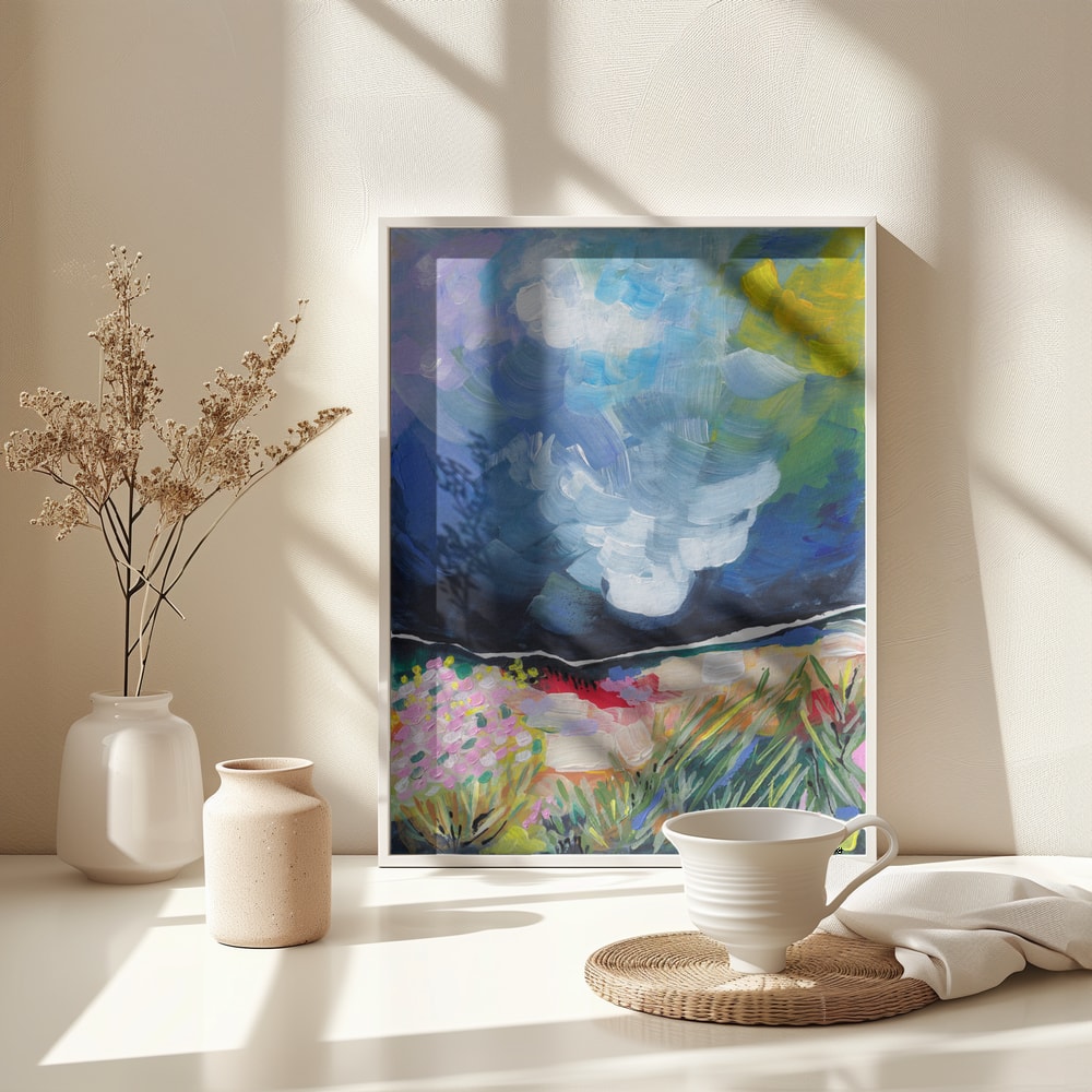 Expressives Gemälde einer bunten Blumenwiese unter blau-weißem Wolkenhimmel