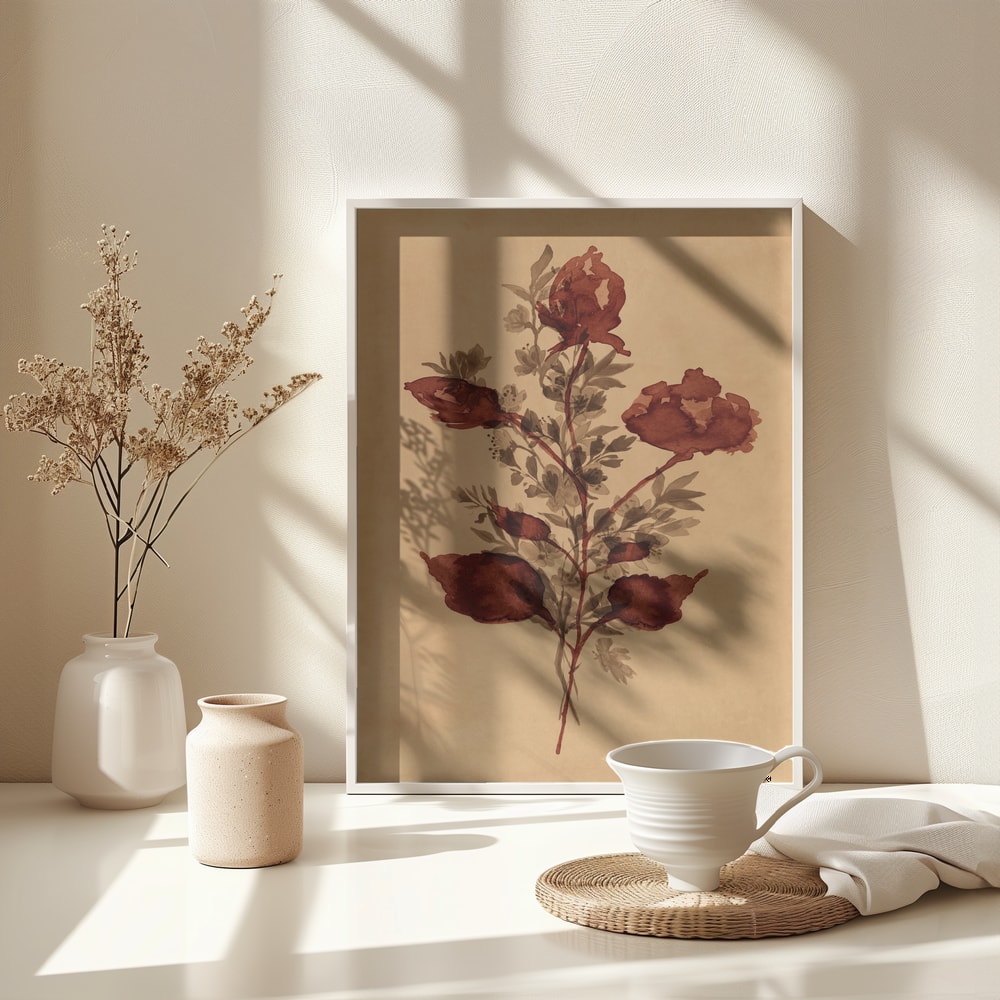 Gemalter Blumenzweig mit rostroten Blüten auf ockerfarbenem Papier