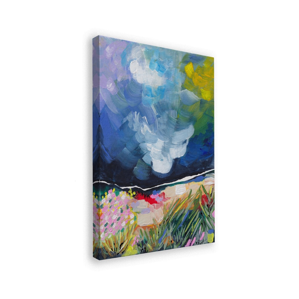 Expressives Gemälde einer bunten Blumenwiese unter blau-weißem Wolkenhimmel