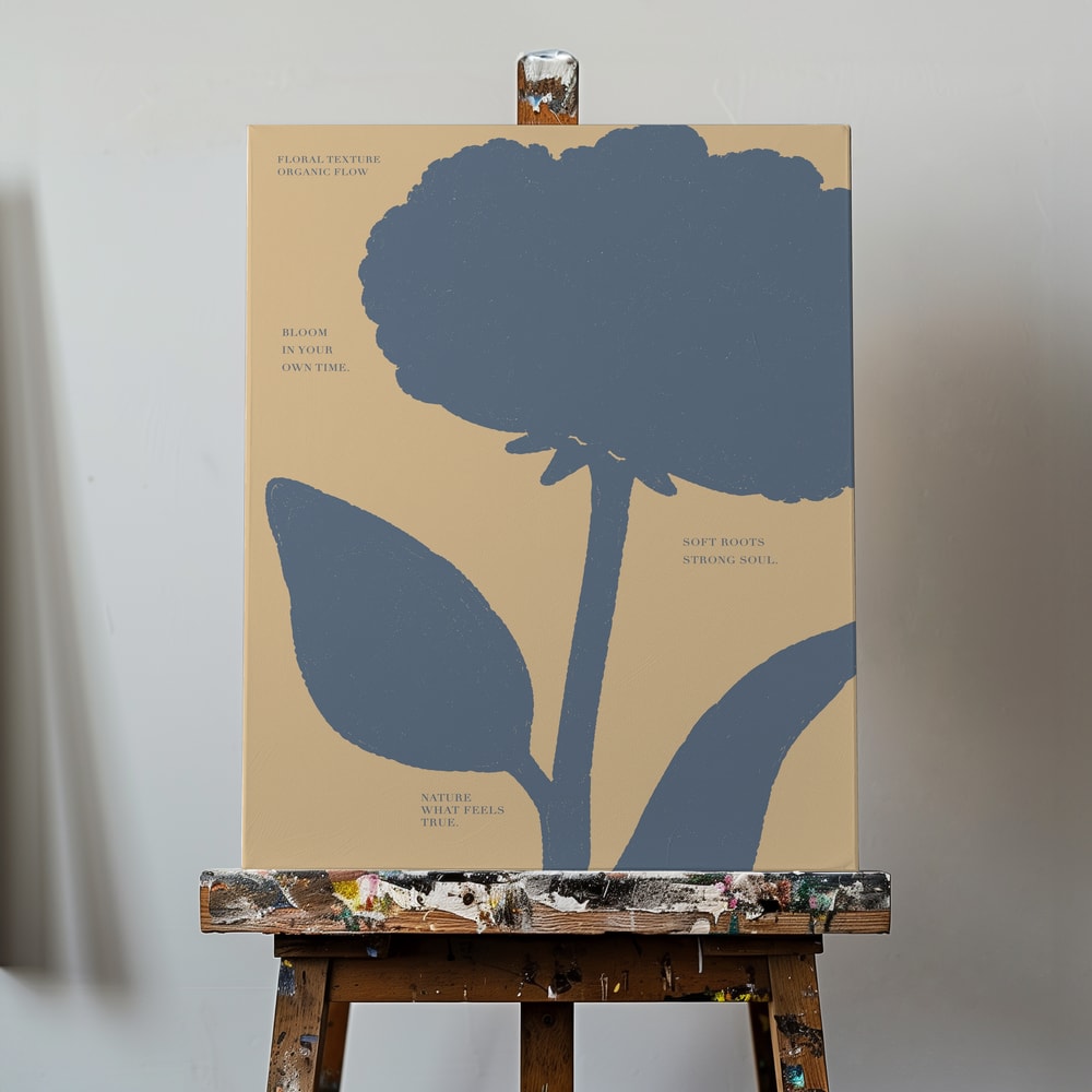 Stilisierte graublaue Blüte auf beigem Hintergrund mit kleinen Textzeilen