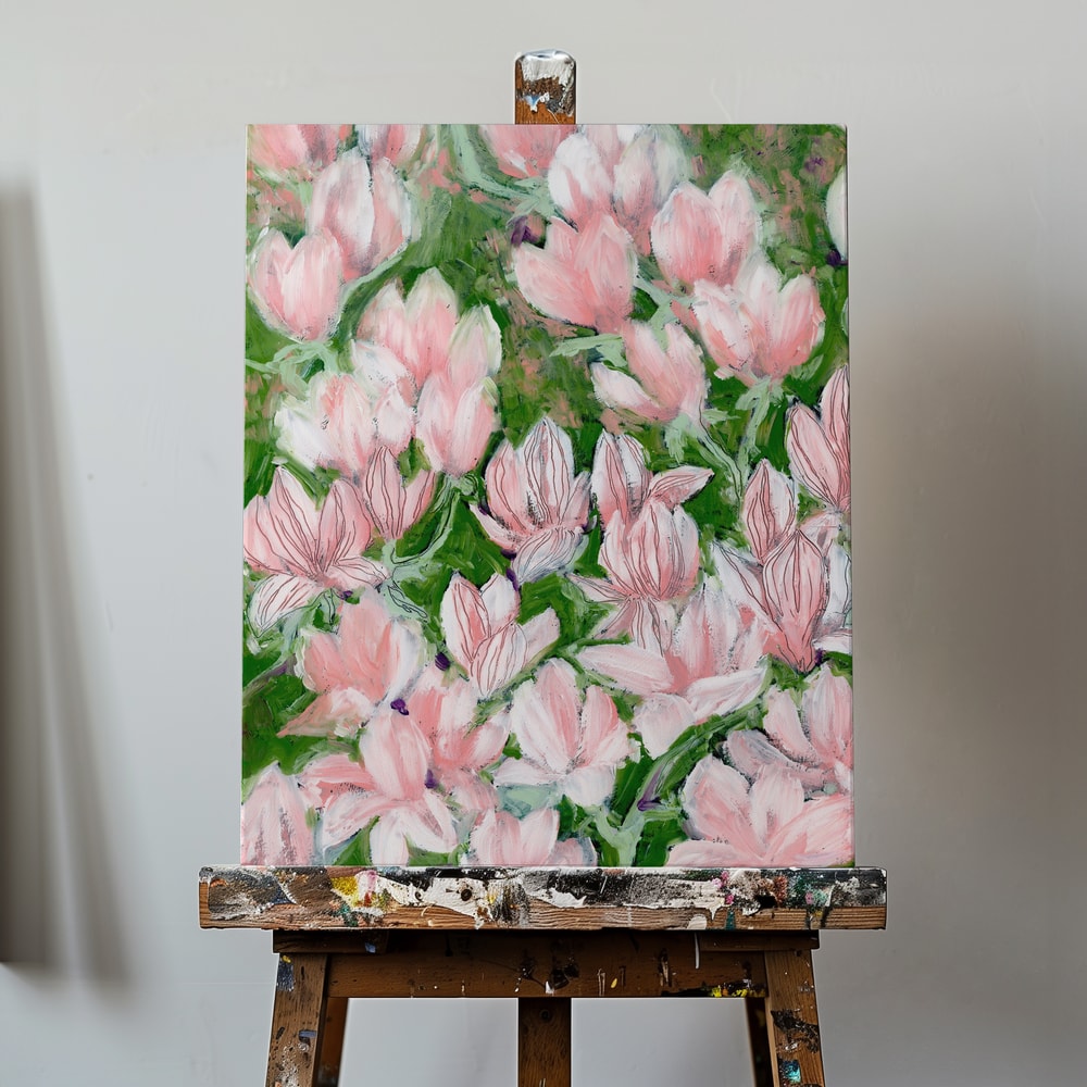 Gemälde vieler rosa Blüten auf grünem Hintergrund
