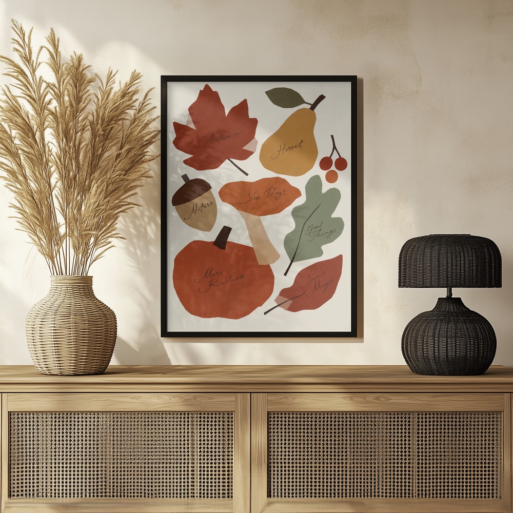 Herbstmotiv mit Ahornblatt, Birne, Eichel, Pilz und Kürbis und handgeschriebenen Worten