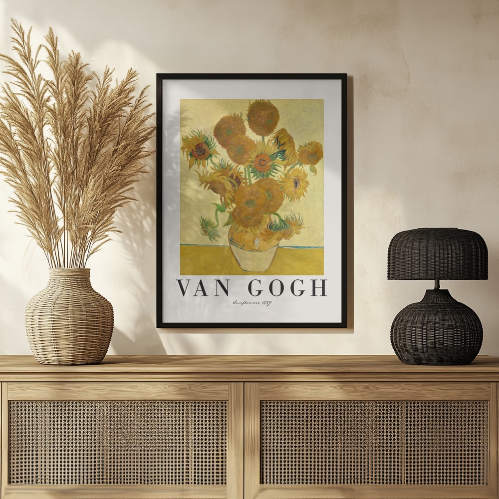 Ausstellungsplakat Vincent van Gogh mit dem Gemälde Sonnenblumen, Schriftzug unten