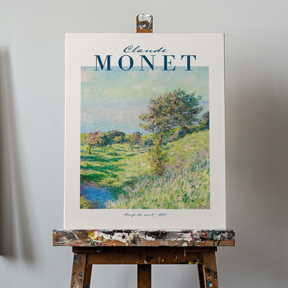 Ausstellungsplakat Claude Monet mit dem Gemälde Windstoß, dunkelblauer Schriftzug