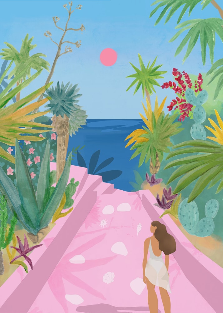 Illustration eines rosa Wegs zwischen tropischen Pflanzen zum blauen Meer mit Frau im weißen Kleid