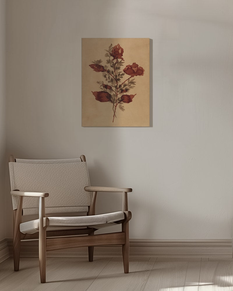 Gemalter Blumenzweig mit rostroten Blüten auf ockerfarbenem Papier