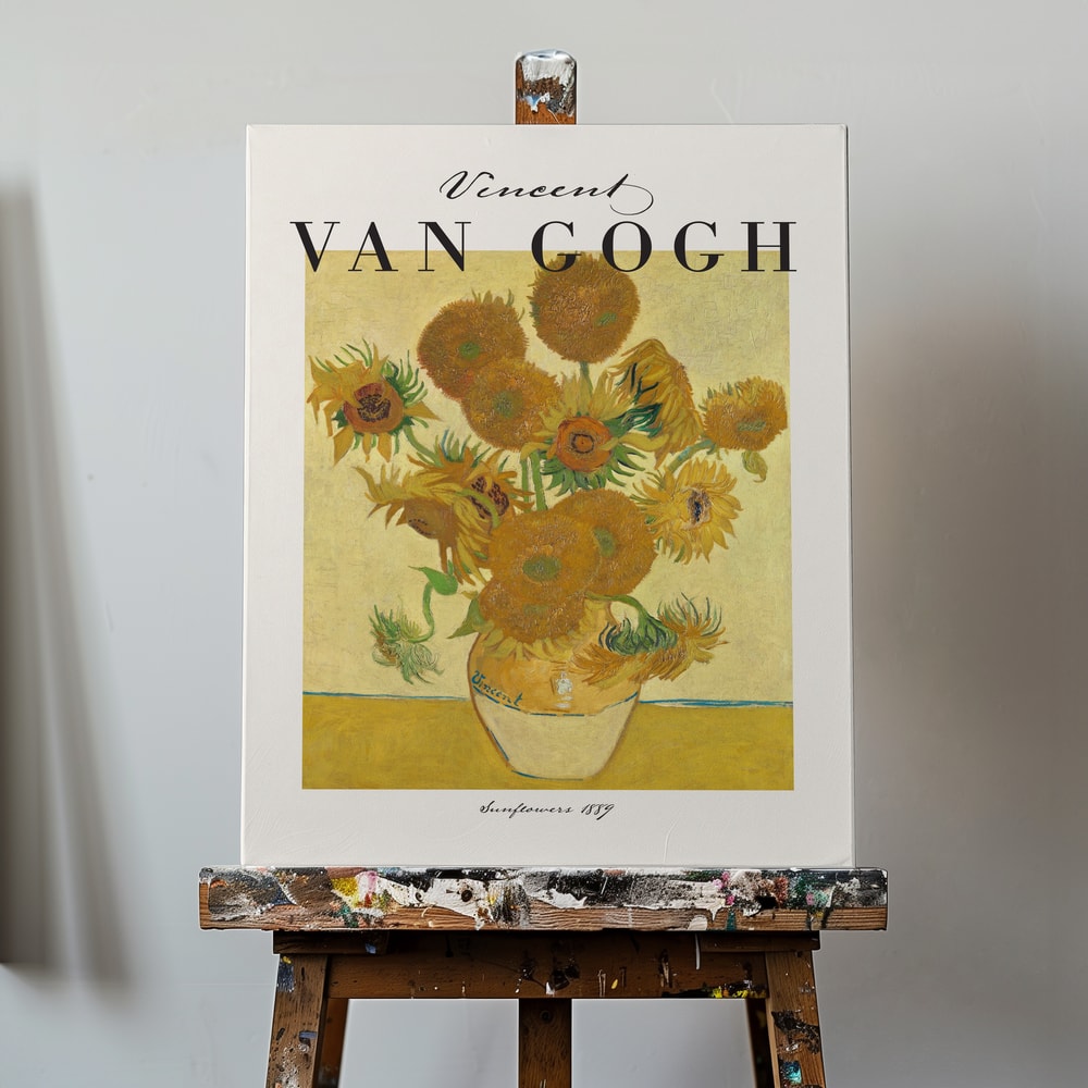 Ausstellungsplakat Vincent van Gogh mit dem Gemälde Sonnenblumen, schwarzer Schriftzug oben