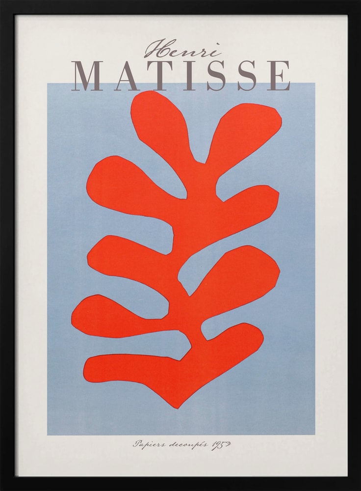 Ausstellungsplakat Henri Matisse mit korallenrotem Scherenschnitt-Blatt auf hellblauem Grund, grauer Schriftzug
