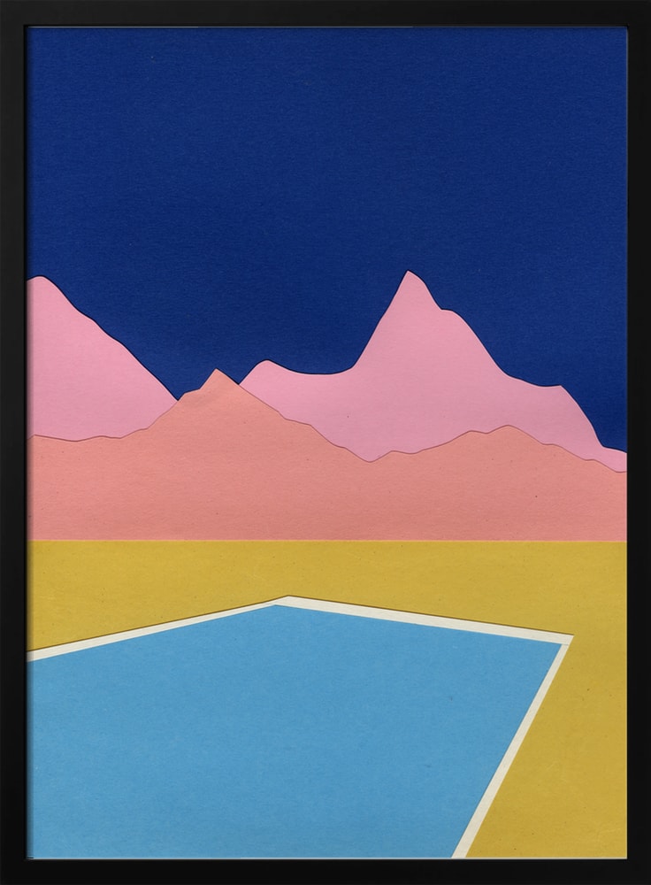 Grafische Illustration eines blauen Pools vor rosa Bergen und dunkelblauem Himmel