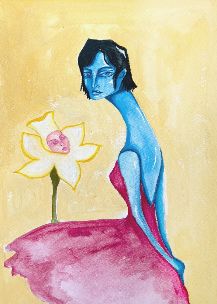 Surreales Gemälde einer blauen Frau im pinken Kleid neben einer Narzisse mit Gesicht