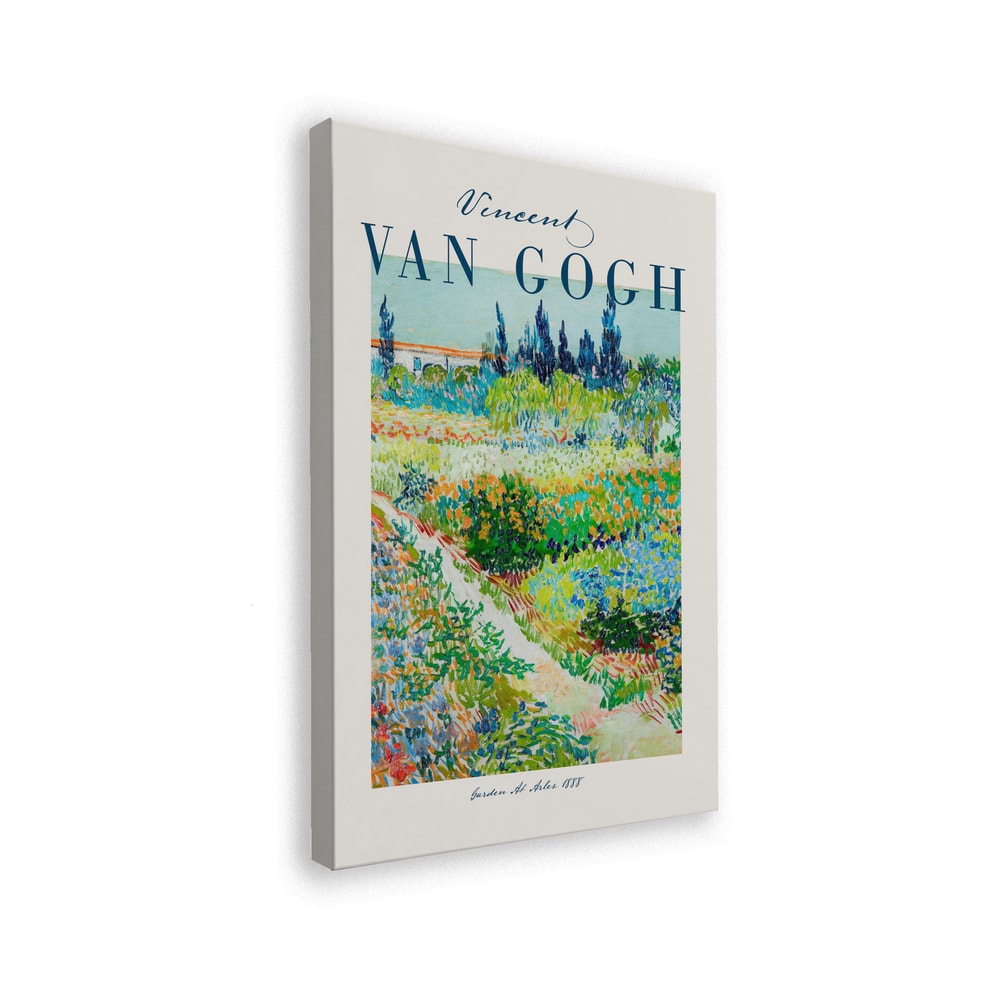 Ausstellungsplakat Vincent van Gogh mit dem Gemälde Garten in Arles, blauer Schriftzug oben