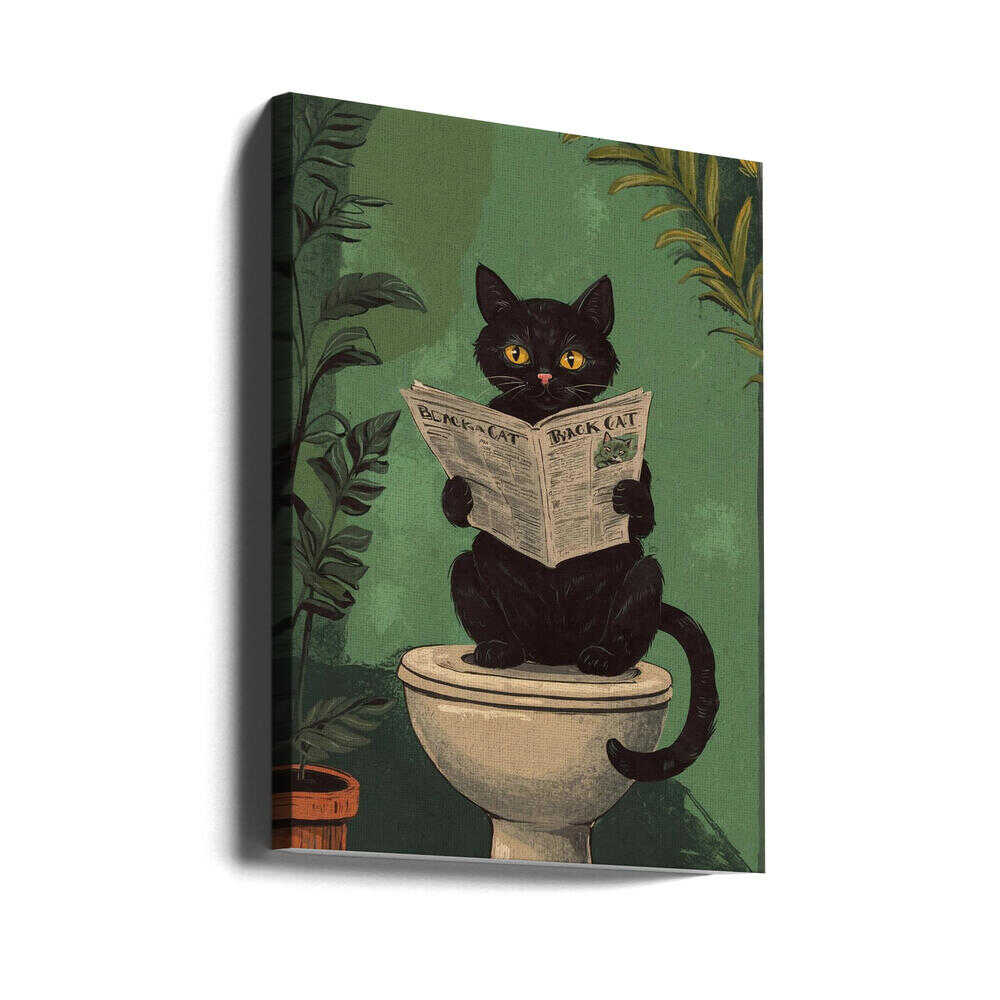 Cat Reading A Newspaper On A Toilet