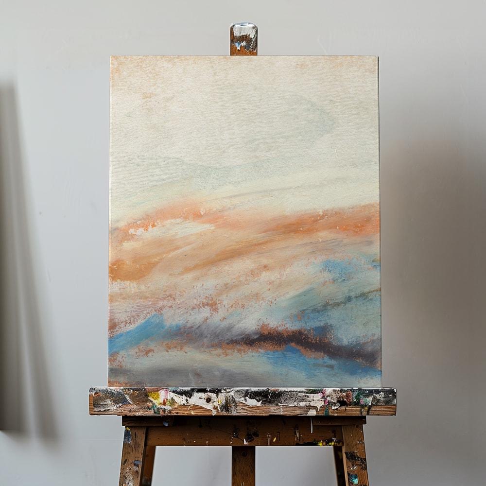 Abstrakte Malerei mit Pinselstrichen in Creme, Pfirsich und Blau, die einen Horizont andeuten