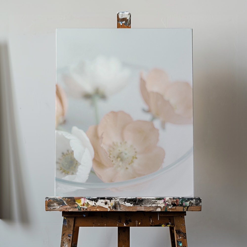 Fotografie zarter cremefarbener und pfirsichfarbener Blüten in einer Glasschale