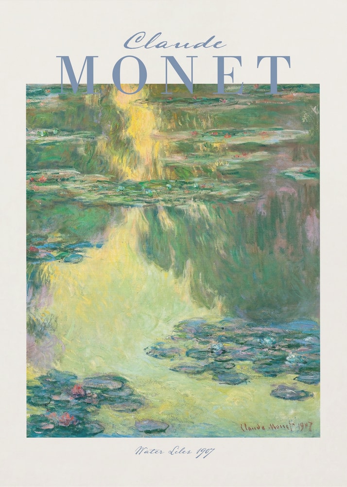 Ausstellungsplakat Claude Monet mit Seerosen auf grünem Wasser, hellblauer Schriftzug