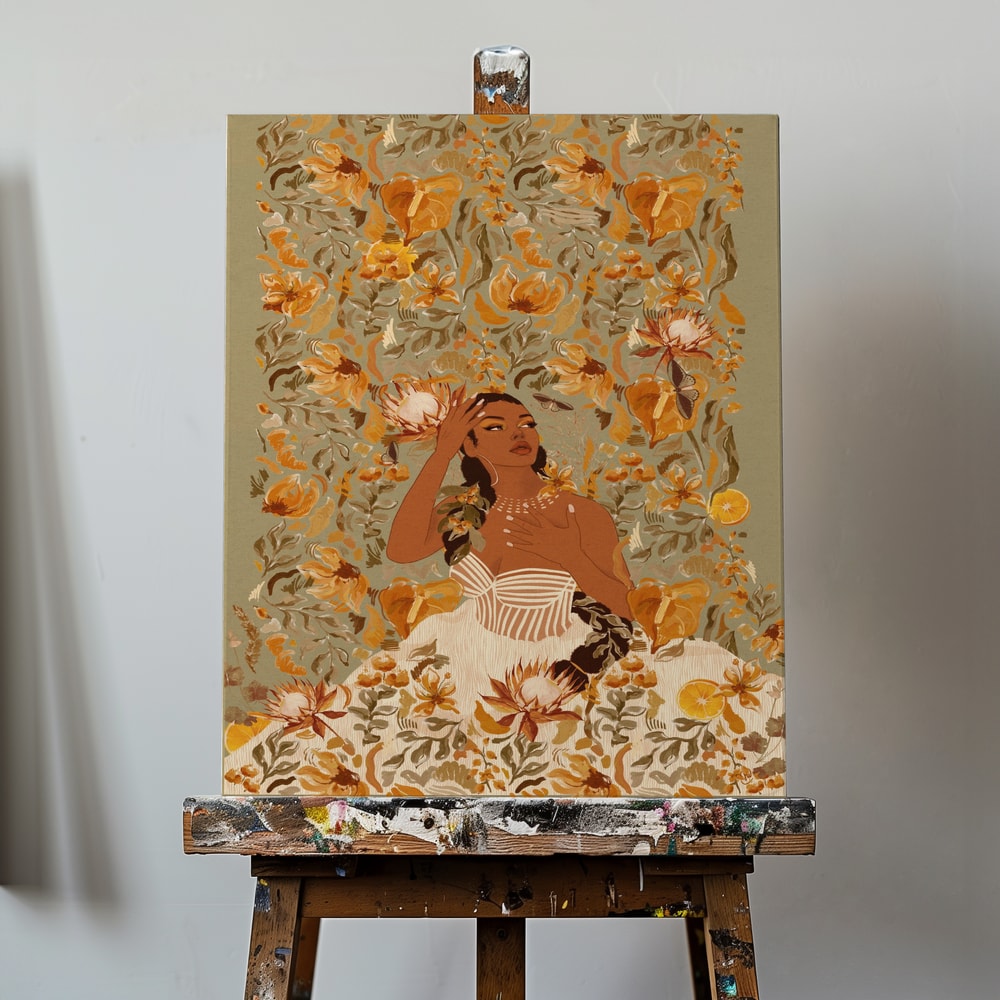 Illustration einer Frau mit geflochtenem Haar zwischen orangen Blüten auf grünem Hintergrund