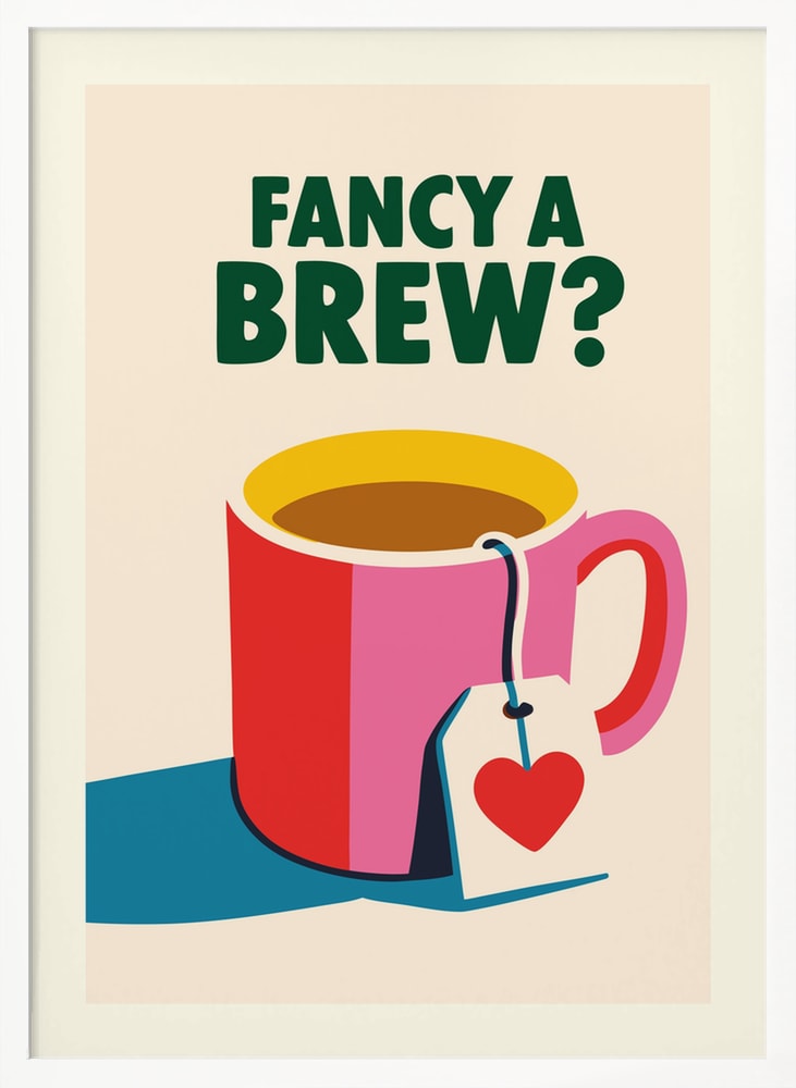 Illustration einer roten Tasse mit Teebeutel und Herzanhänger, Schriftzug Fancy a Brew