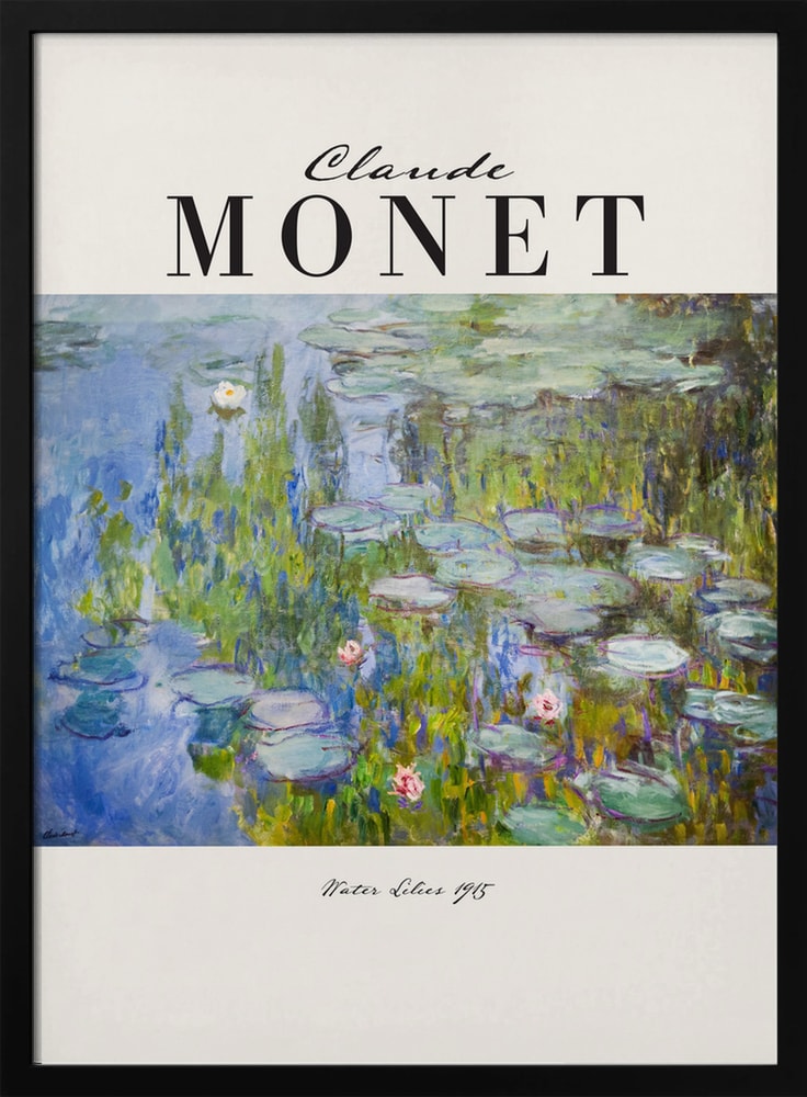 Ausstellungsplakat Claude Monet mit Seerosen auf blau-violettem Wasser, schwarzer Schriftzug