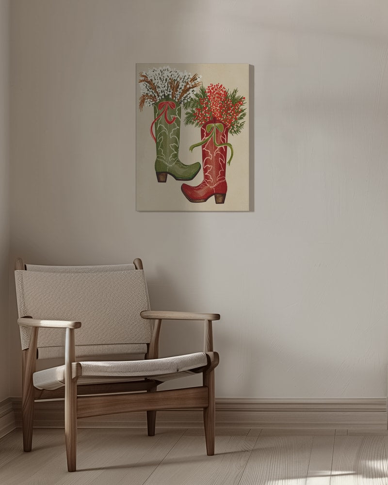 Illustration eines grünen und eines roten Cowboystiefels mit Beeren, Zweigen und Schleifen