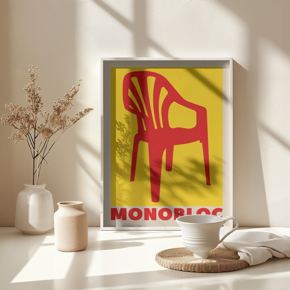 Grafische Illustration eines roten Monobloc-Stuhls vor gelbem Hintergrund mit Schriftzug Monobloc