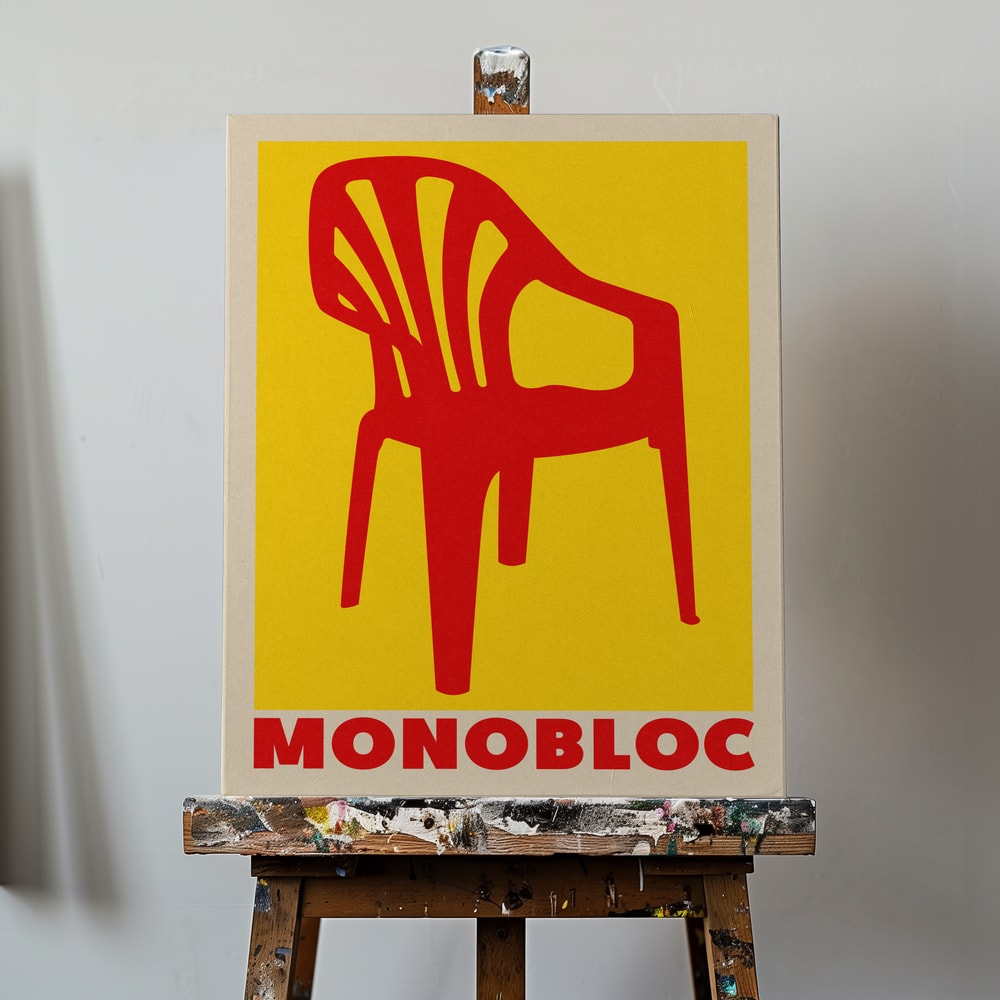 Grafische Illustration eines roten Monobloc-Stuhls vor gelbem Hintergrund mit Schriftzug Monobloc