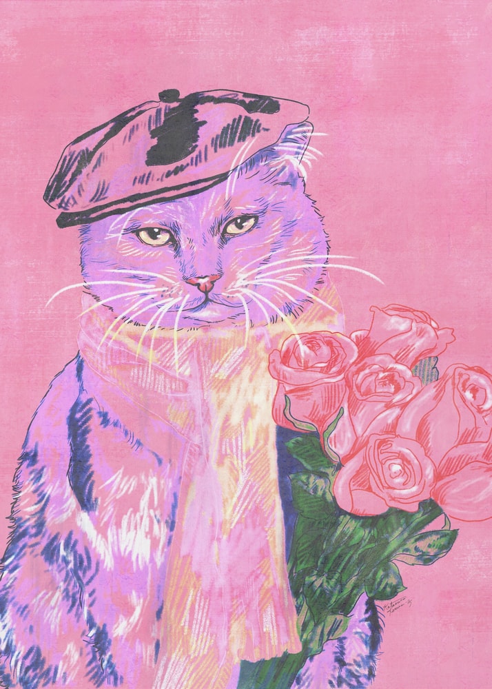 Illustration einer lila Katze mit Baskenmütze und Schal, die rosa Rosen hält, auf pinkem Hintergrund