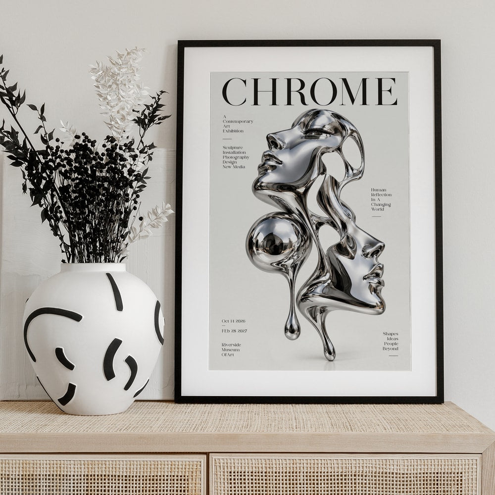 Ausstellungsplakat mit dem Schriftzug Chrome und einer Skulptur aus zwei verschmelzenden Chrom-Gesichtern