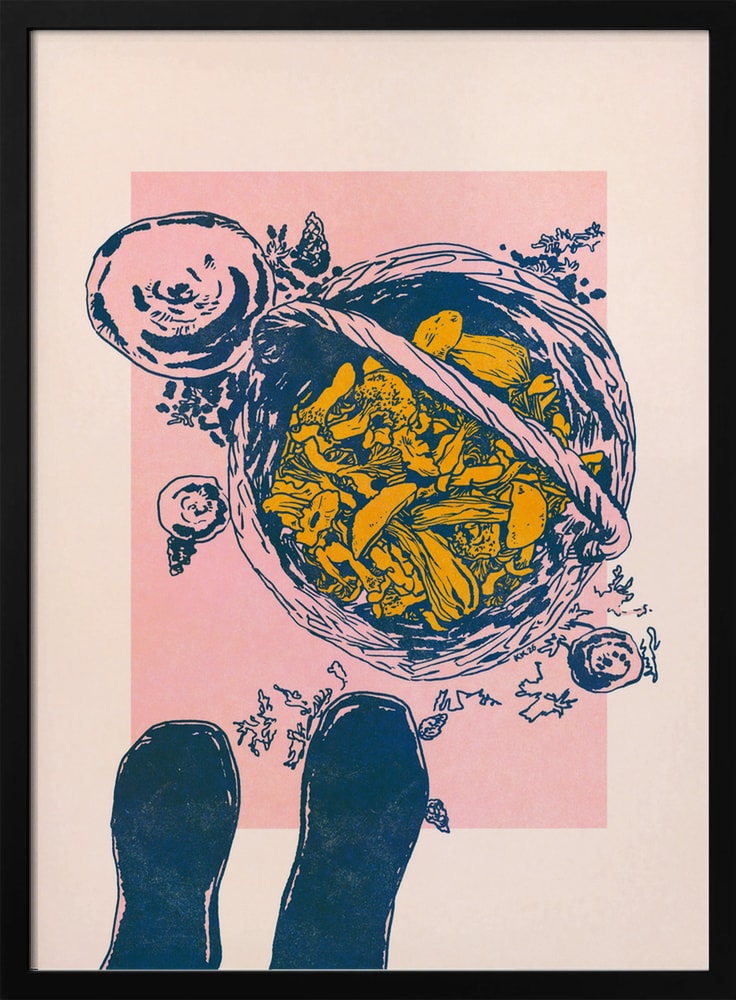 Illustration eines Korbs mit gelben Pilzen und zwei Gummistiefeln von oben auf rosa Hintergrund