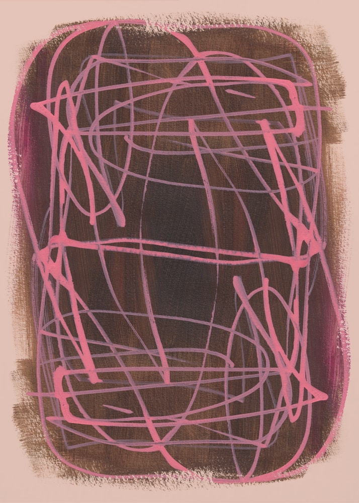 Abstraktes Knäuel aus pinken Linien auf dunkelbraunem Feld mit rosa Rand
