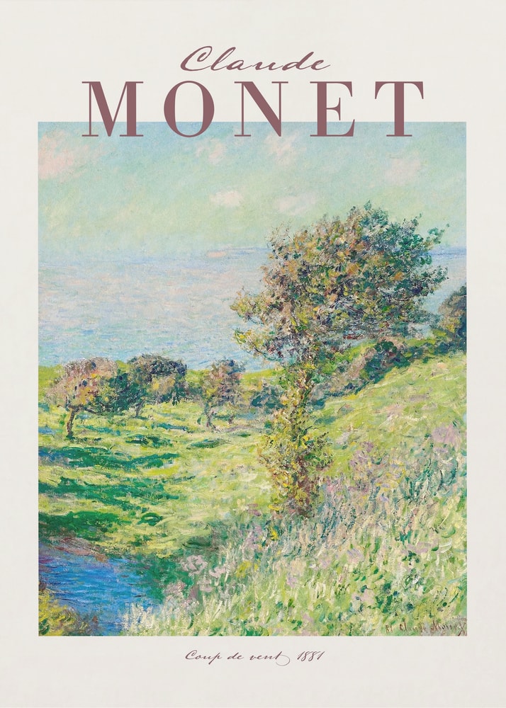 Ausstellungsplakat Claude Monet mit dem Gemälde Windstoß, Schriftzug in Mauve