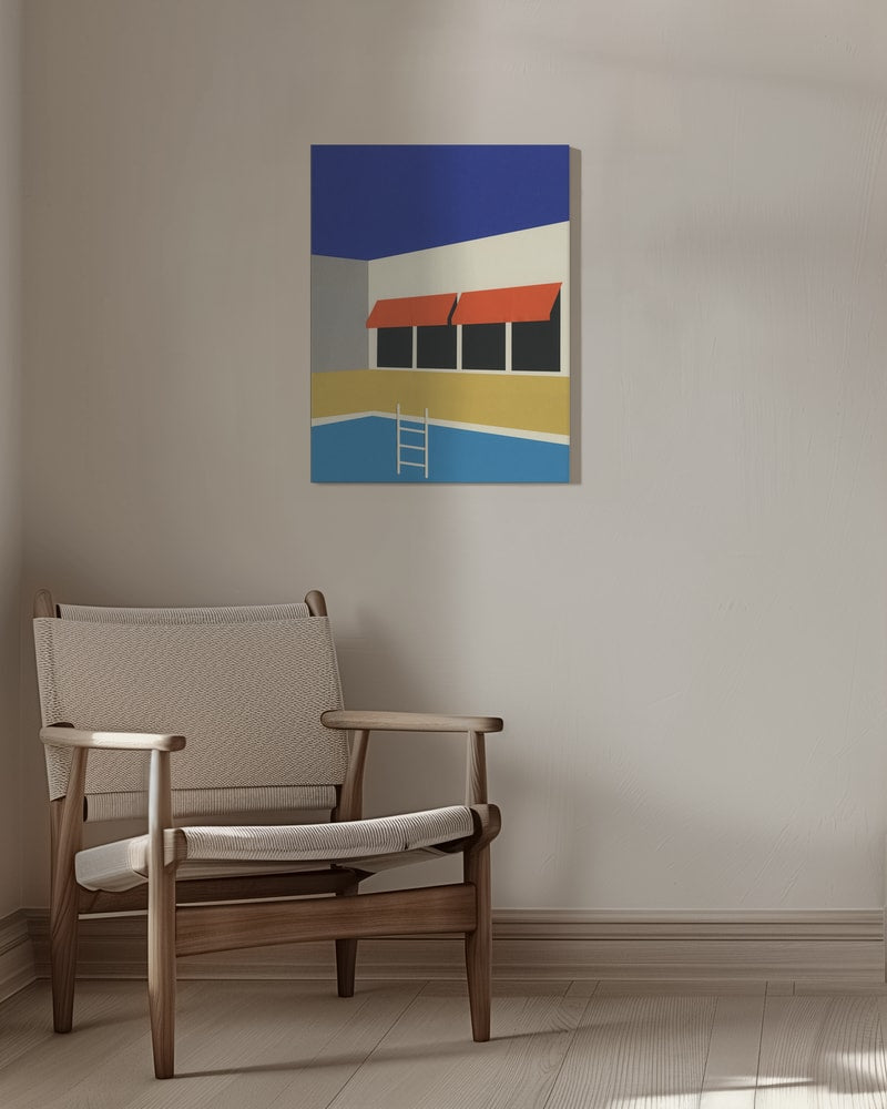 Grafische Illustration eines Gebäudes mit roten Markisen am blauen Pool