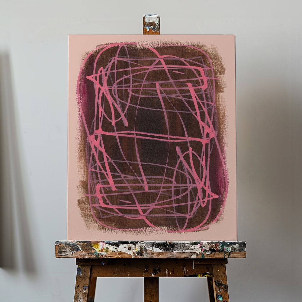 Abstraktes Knäuel aus pinken Linien auf dunkelbraunem Feld mit rosa Rand