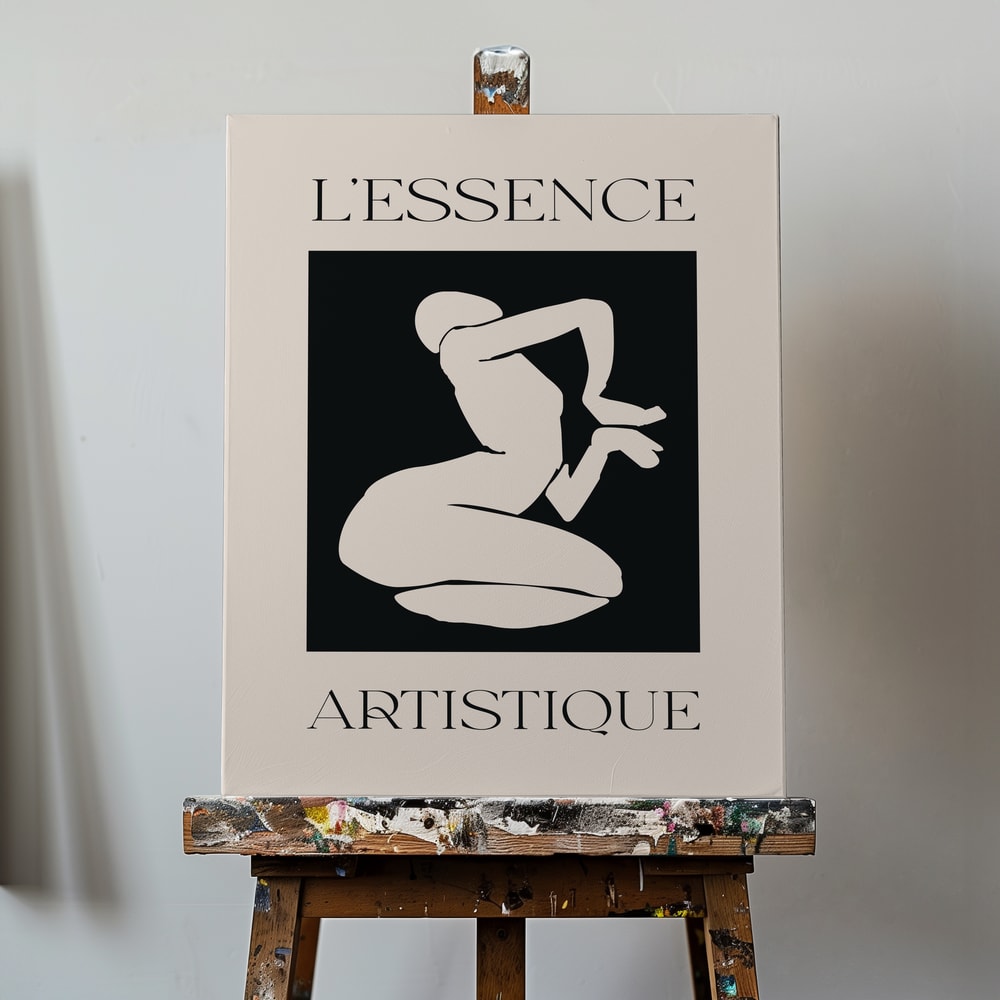 Helle kniende Figur im Scherenschnitt-Stil auf schwarzem Feld mit Schriftzug L'Essence Artistique