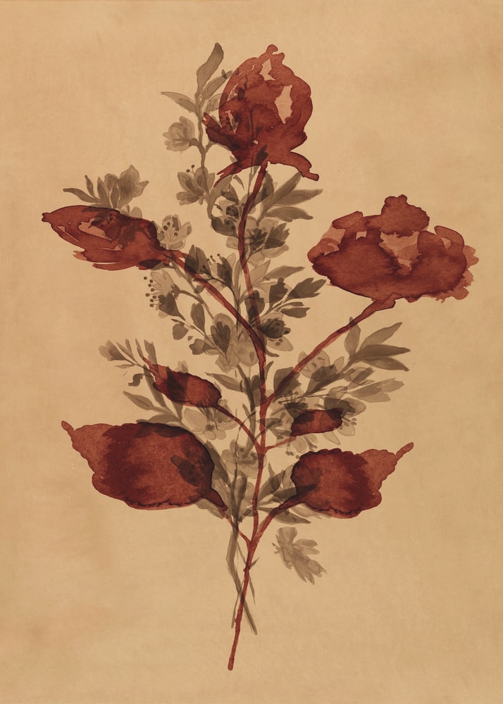 Gemalter Blumenzweig mit rostroten Blüten auf ockerfarbenem Papier