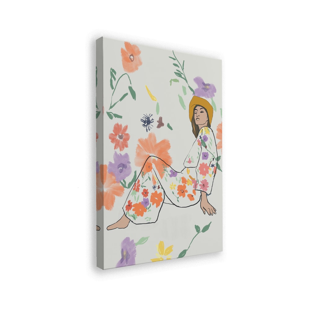 Illustration einer sitzenden Frau mit gelbem Hut im Blumenkleid zwischen bunten Blüten