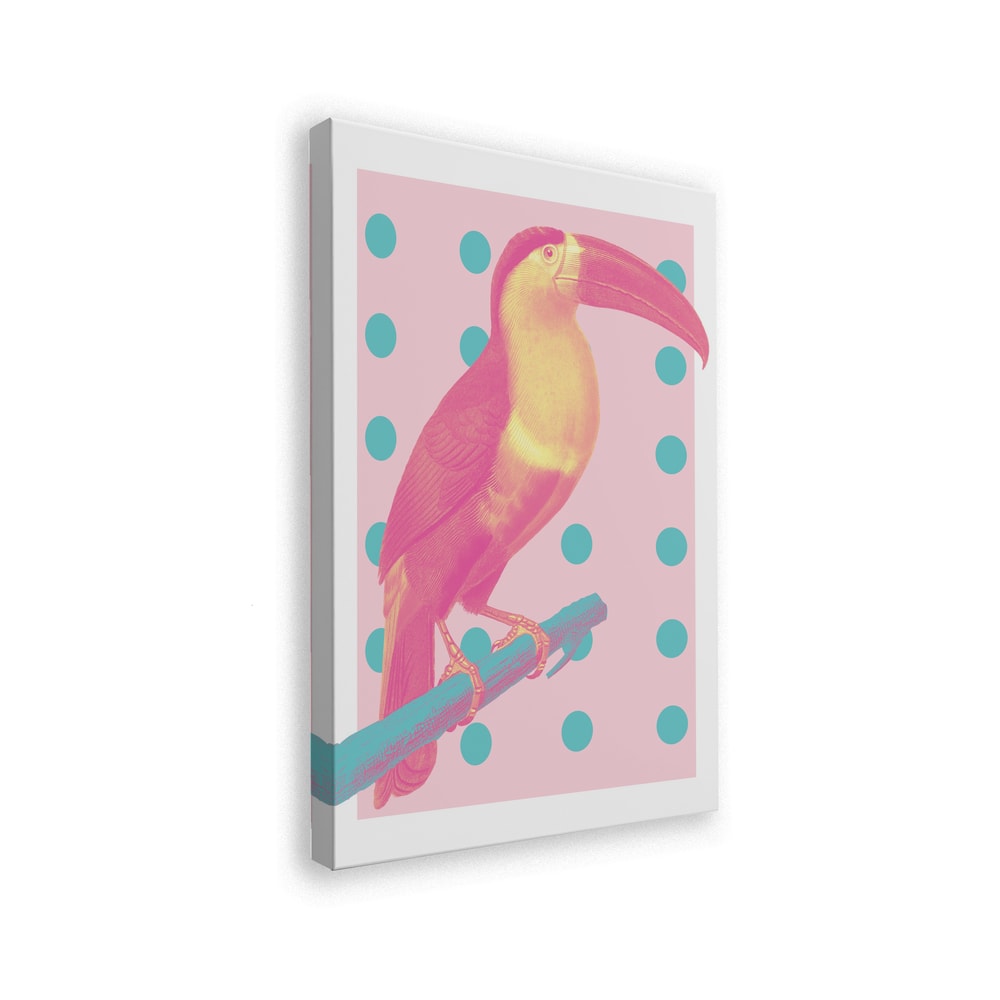 Illustration eines pink-gelben Tukans auf türkisem Ast vor rosa Hintergrund mit Punkten