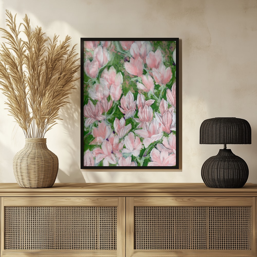 Gemälde vieler rosa Blüten auf grünem Hintergrund