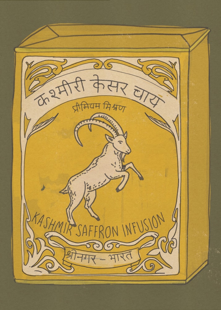 Illustration einer gelben Vintage-Teedose mit Steinbock und Schriftzug Kashmir Saffron Infusion