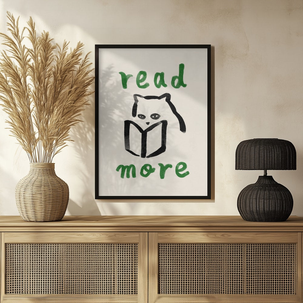 Pinselzeichnung einer Katze hinter einem Buch mit grünem Schriftzug read more