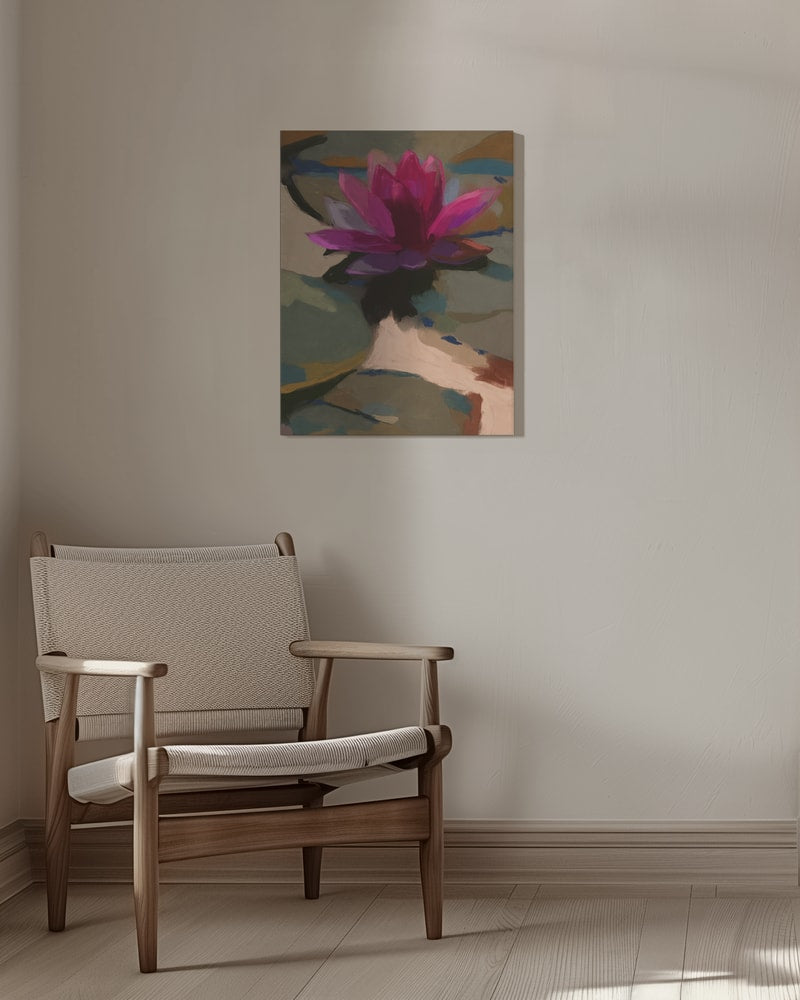Gemälde einer pinken Seerose auf Wasser in Grün-, Blau- und Erdtönen