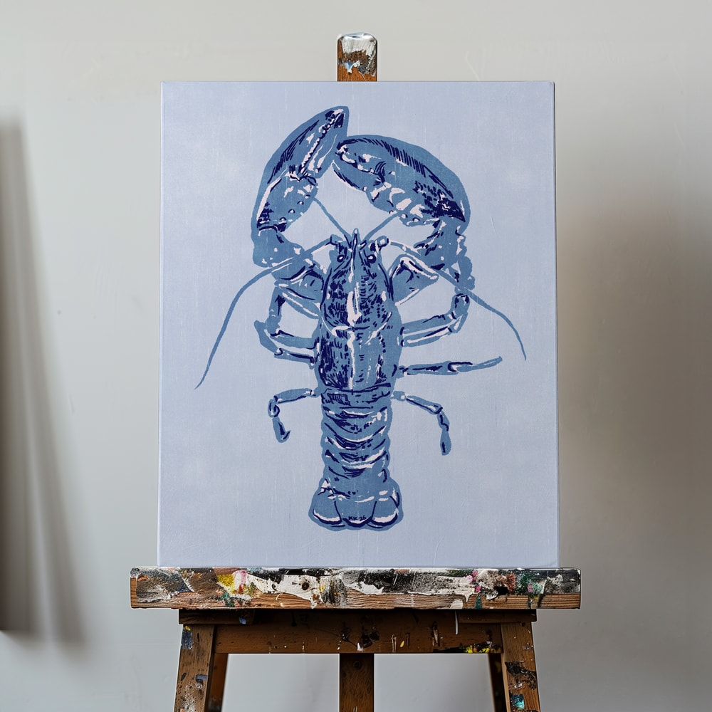 Illustration eines Hummers in Indigoblau auf hellblauem Hintergrund